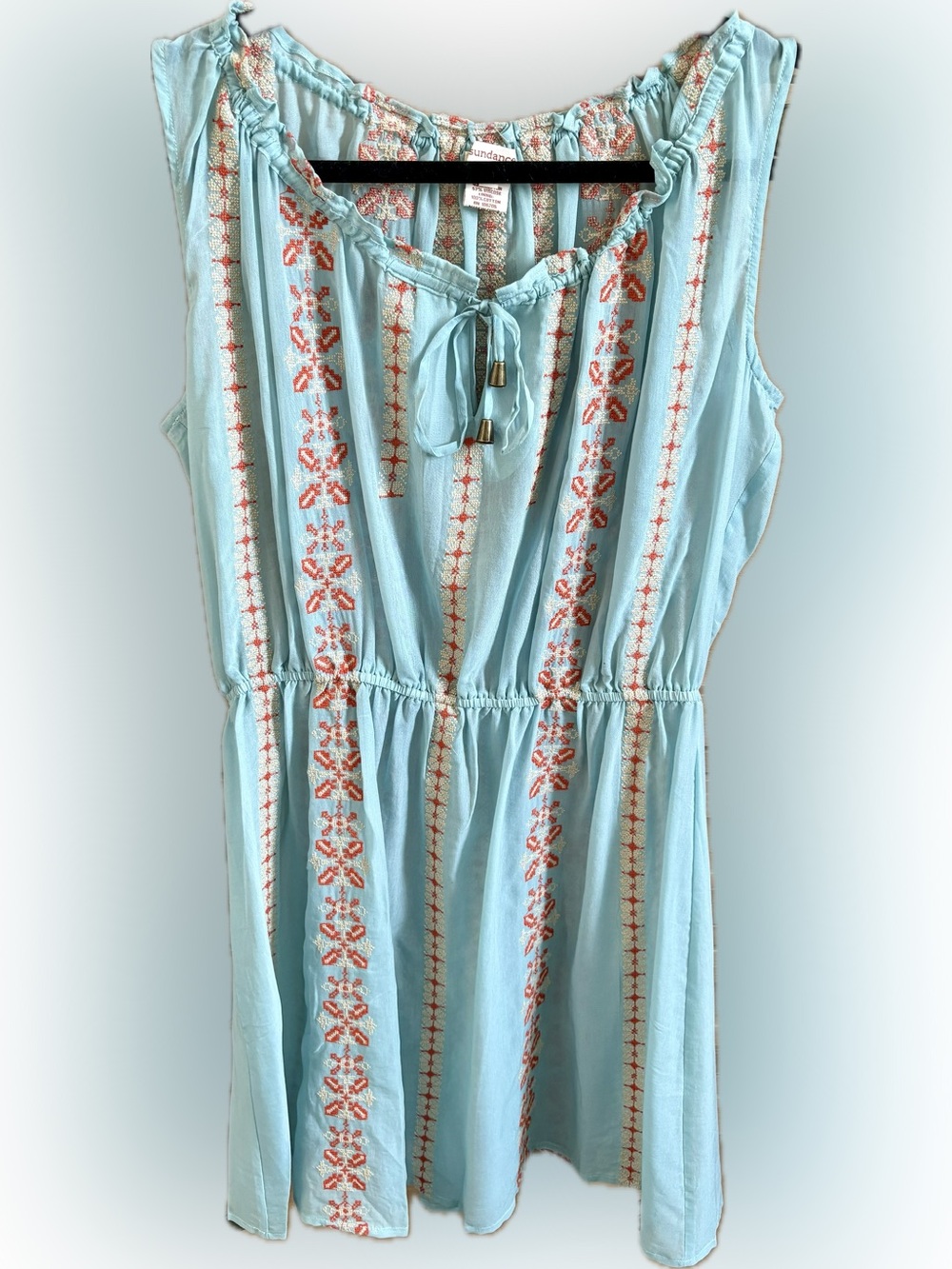 Sundance Light Blue Sleeveless Mini Dress with Coral Embroidery